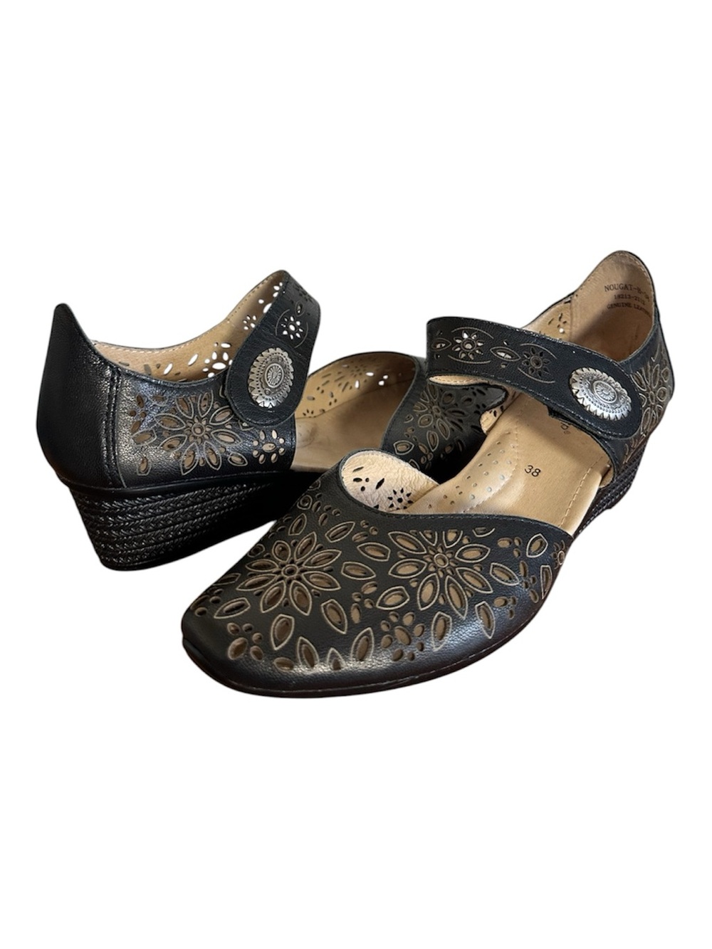Spring Step Black Laser Cut Floral Nougat Mary Jane Wedge